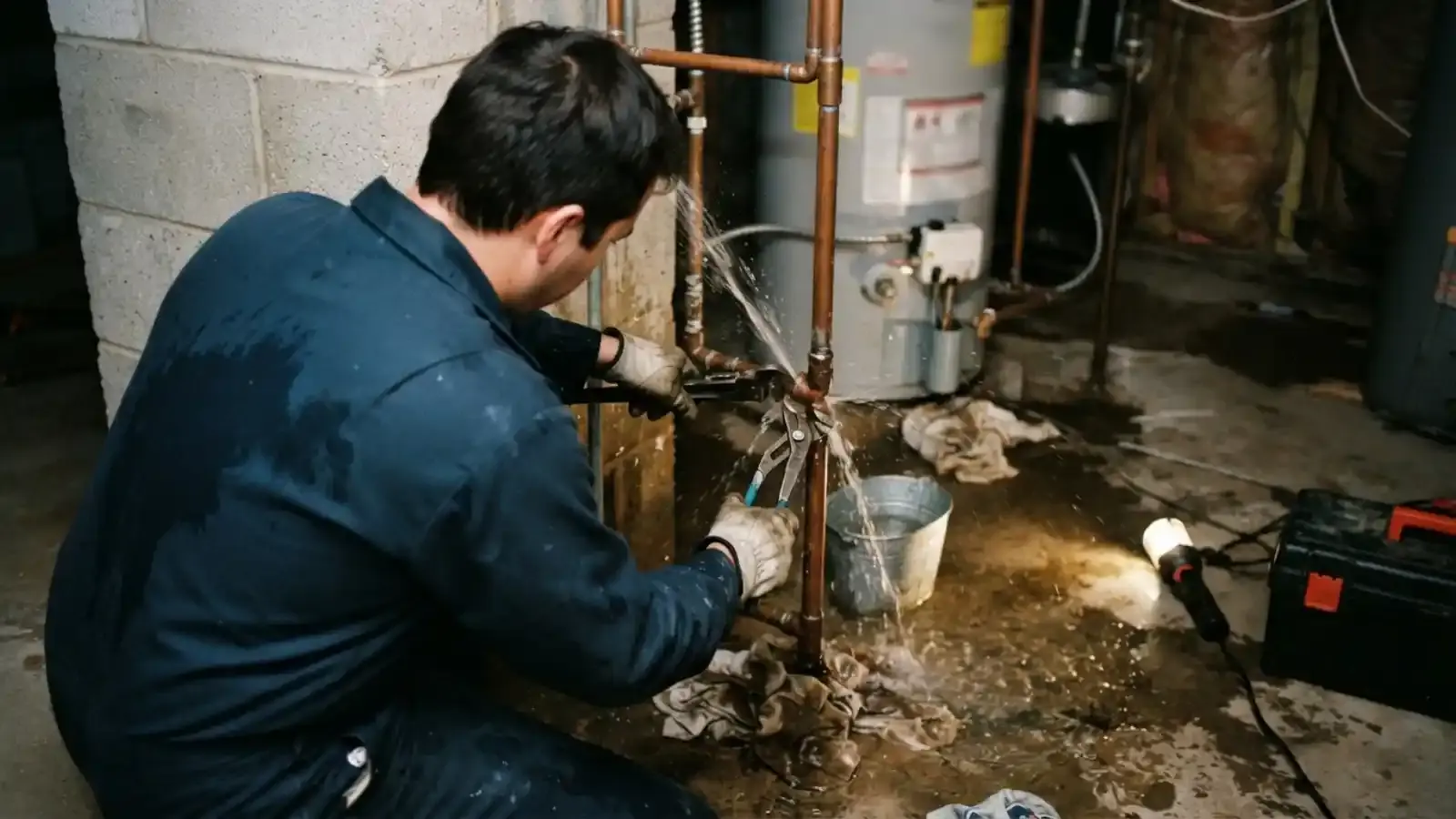 Plumber in a navy uniform working on a damaged copper pipe near a water heater in a wet basement