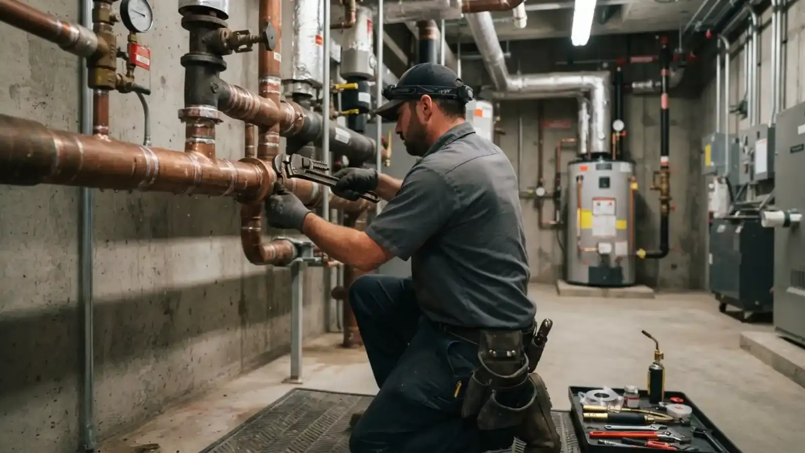 Plumber crouching beside a mechanical room full of large copper and steel piping
