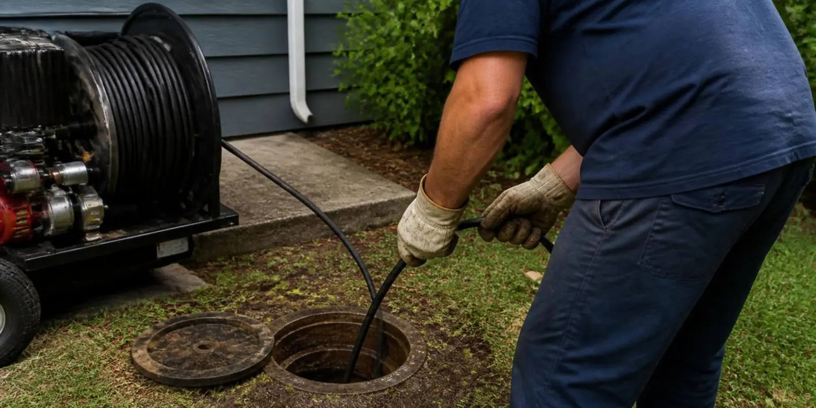Technician feeding a drain machine cable into a yard cleanout beside a cable reel