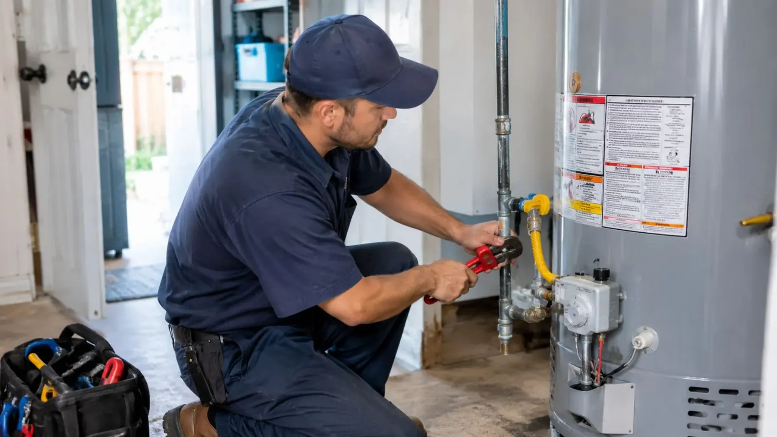 Plumber in a cap and navy uniform checking a gas water heater beside his tool bag