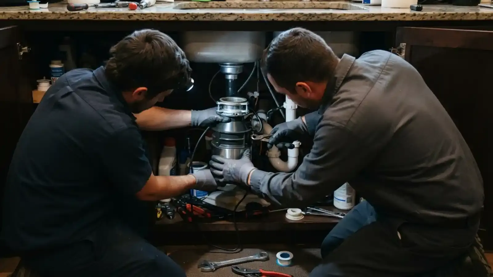 Two plumbers working under a kitchen sink on a garbage disposal