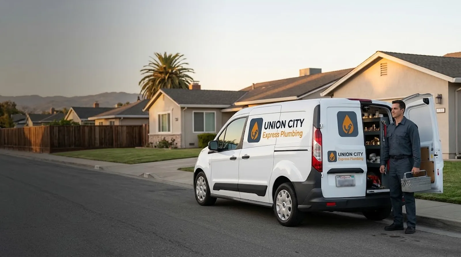 Union City Express Plumbing service van parked in front of a home in Union City, CA while a plumber unloads tools