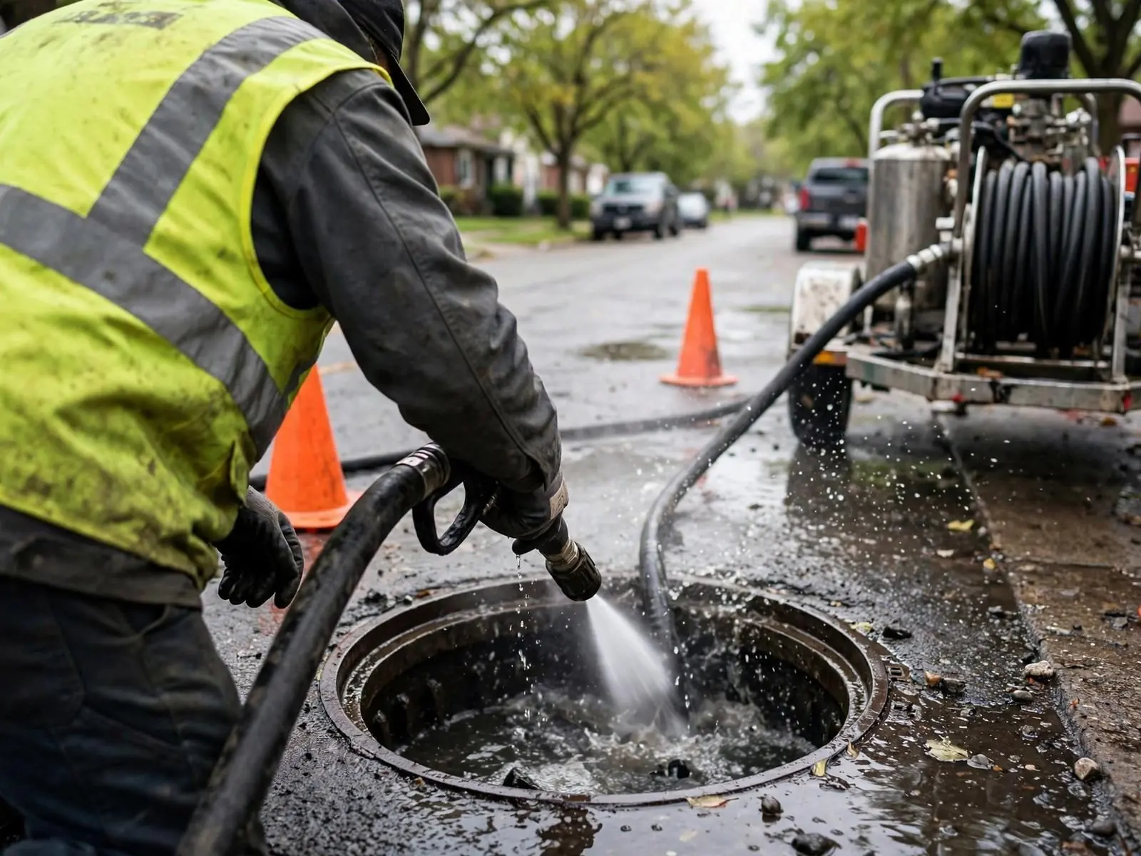 Technician in a high-visibility vest aiming a jetting hose into a street cleanout beside a trailer-mounted jetter and traffic cones