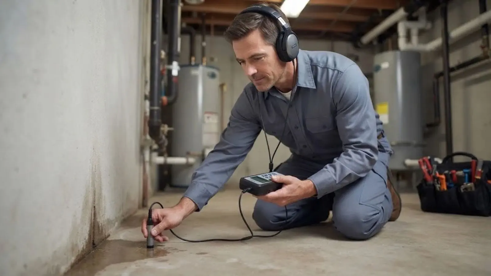 Technician wearing headphones kneeling on a basement floor with a listening device near a water heater