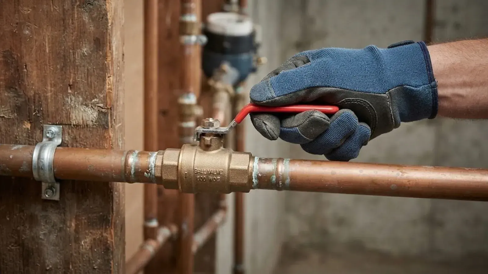 Gloved hand turning the red handle of a brass main shutoff valve on a copper line