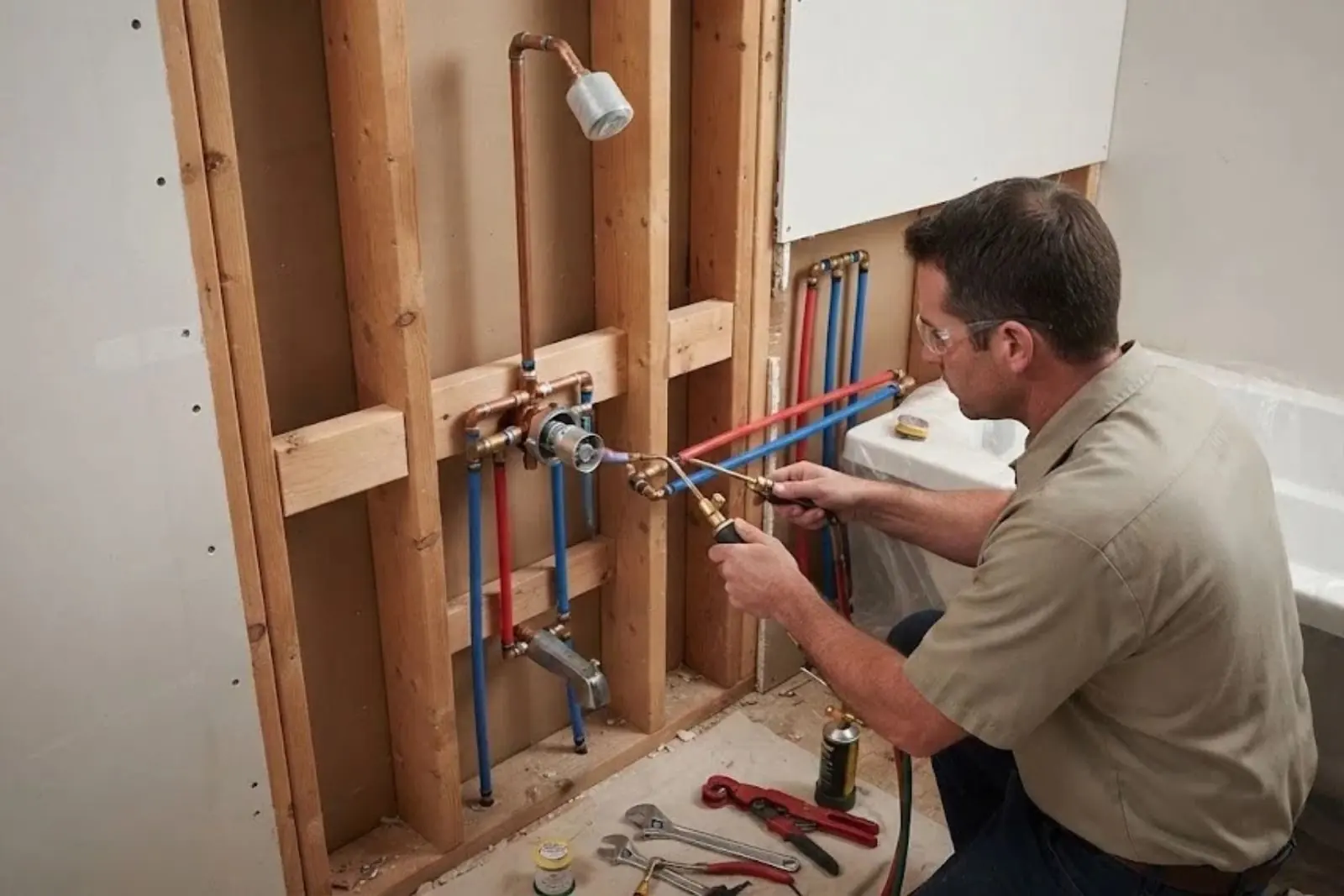 Plumber installing supply lines in an open bathroom wall behind a tub