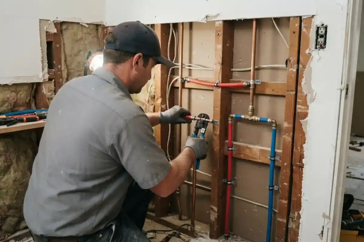 Plumber working inside an opened wall on new blue and red pipe runs