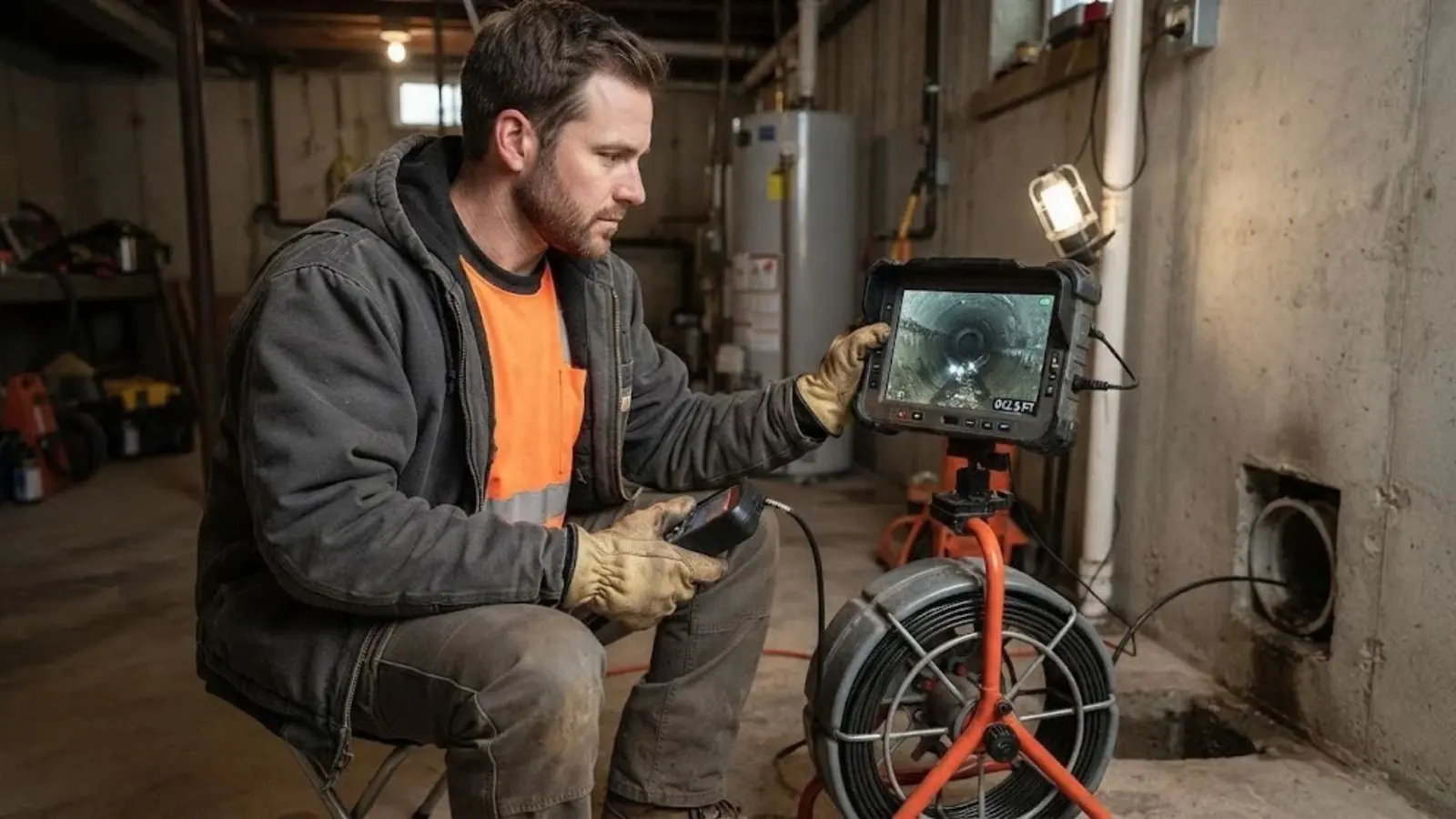 Technician sitting in a basement watching a sewer camera monitor with a reel of orange cable beside him