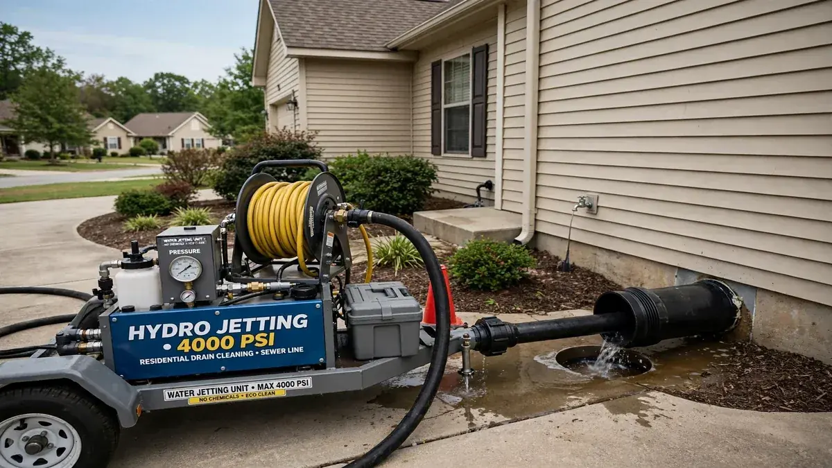 Portable water jetter with a hose reel set up beside a house and a cleanout opening