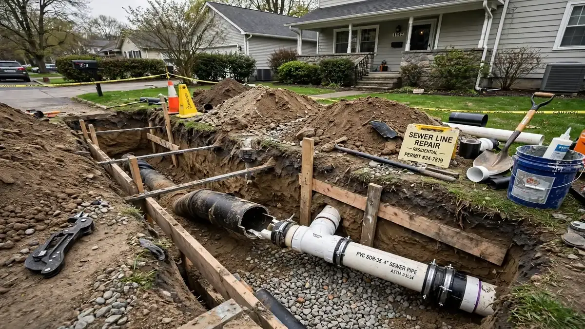 Open yard trench exposing a sewer line with new white pipe fittings and safety cones nearby