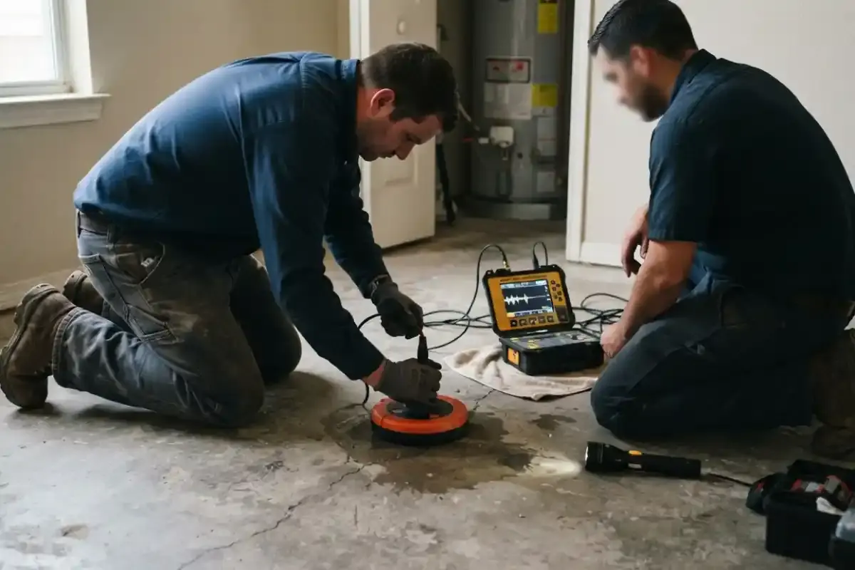 Two technicians kneeling on a floor placing an acoustic sensor to locate a leak under the slab
