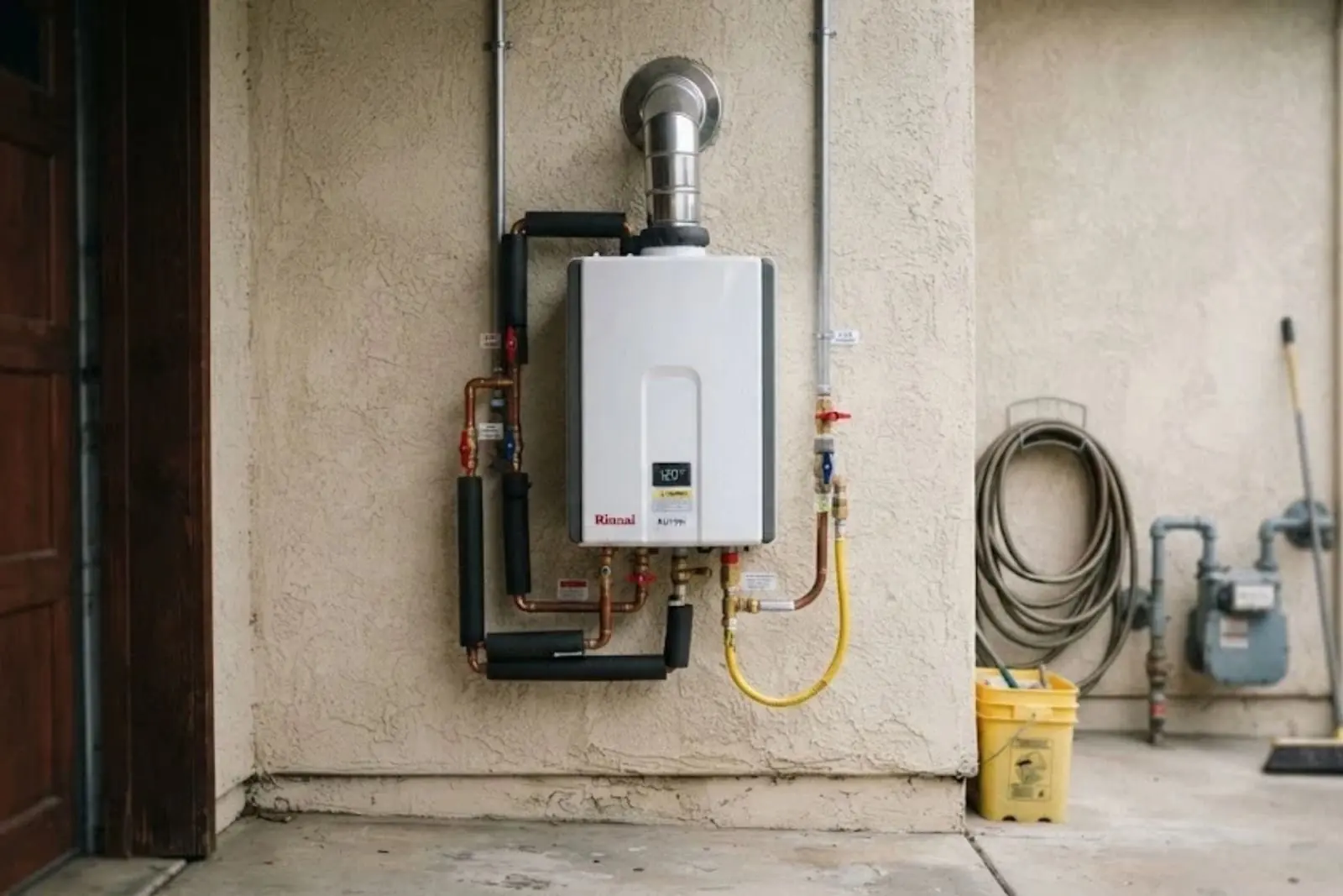 White wall-mounted tankless water heater on a stucco wall with a vent pipe and gas line