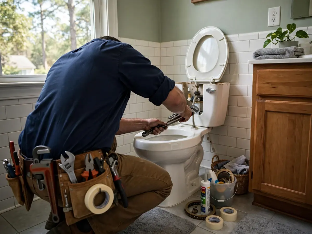 Plumber kneeling in a bathroom working on the base of a toilet with a tool belt on
