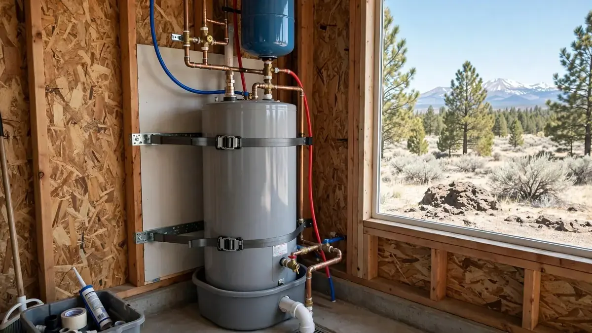 Tank water heater mounted in a framed utility alcove with blue and copper supply lines