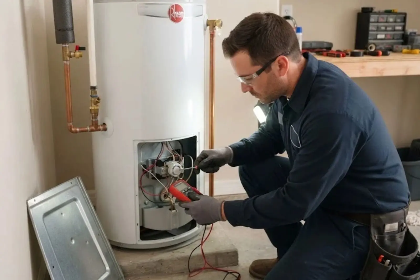 Plumber in a dark uniform kneeling at an open water heater access panel with a meter in hand