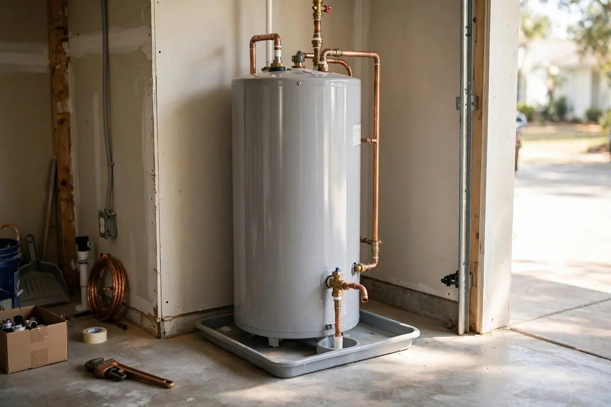 Gas storage water heater standing on a drain pan in a garage with copper supply lines above it
