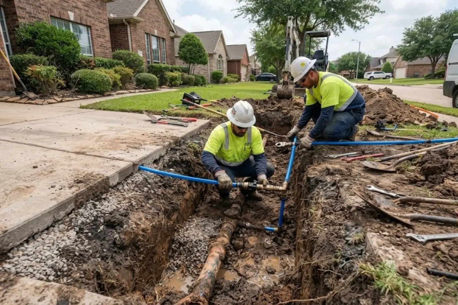 Two workers in safety vests laying blue water service pipe in a trench beside a driveway