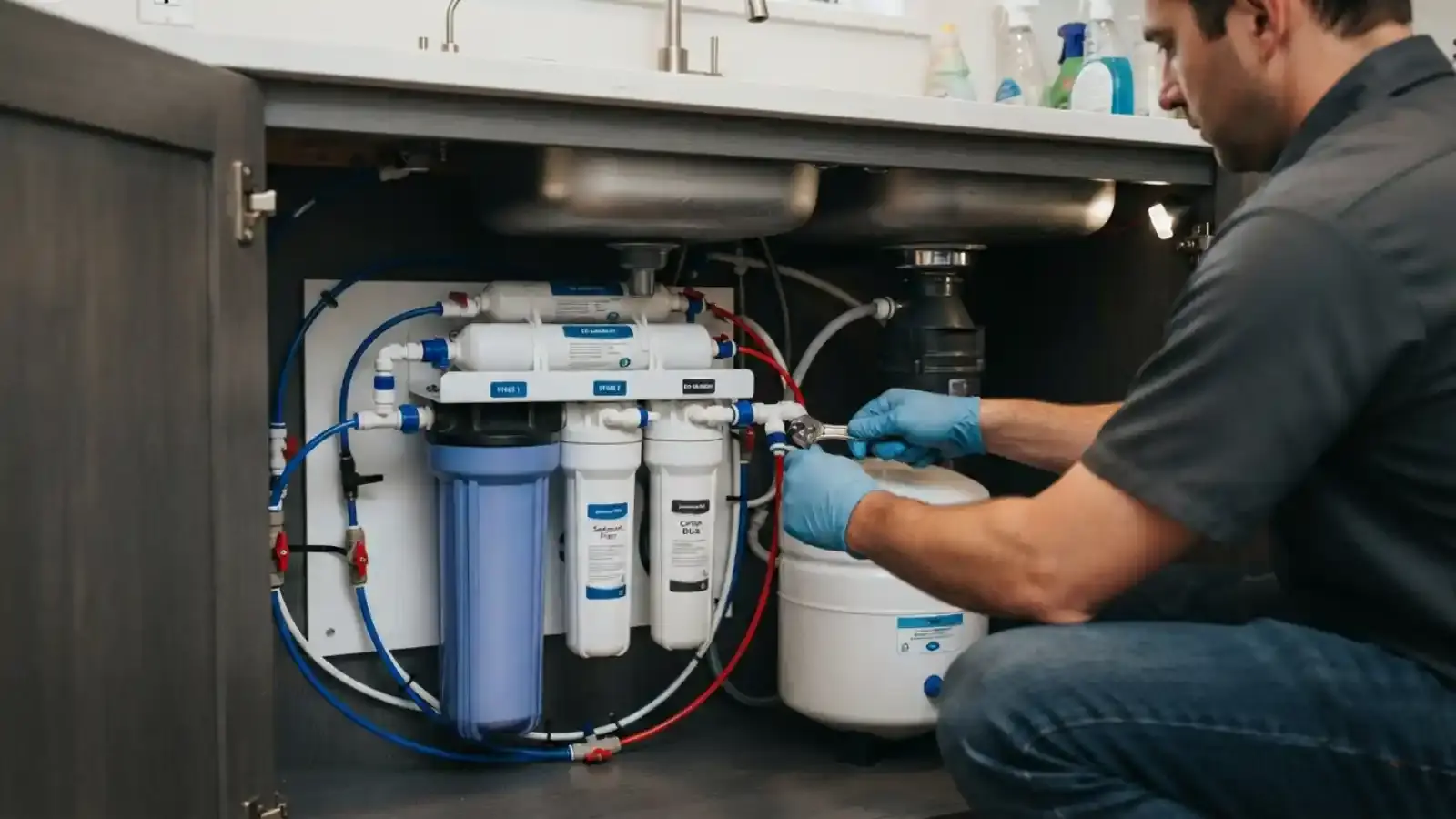 Technician installing a reverse osmosis filter system under a kitchen sink cabinet